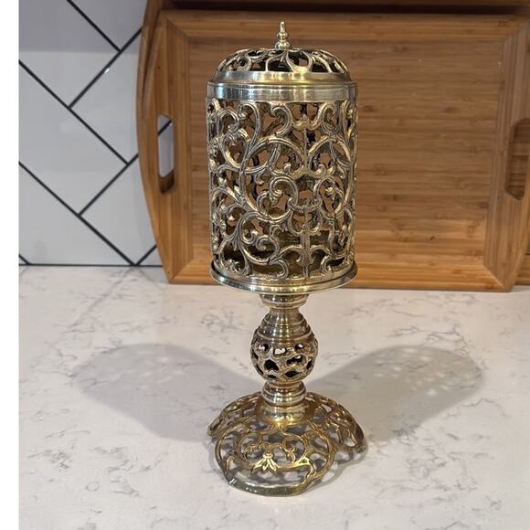 Reticulated Brass Pedestal Candle Holder Vintage Mid-Century Gothic Brass Decor - Picture 3 of 12